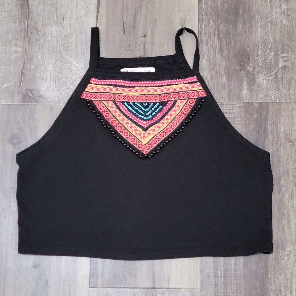 H&M Coachella Collection Black Crop Top with Colorful Geometric Design
